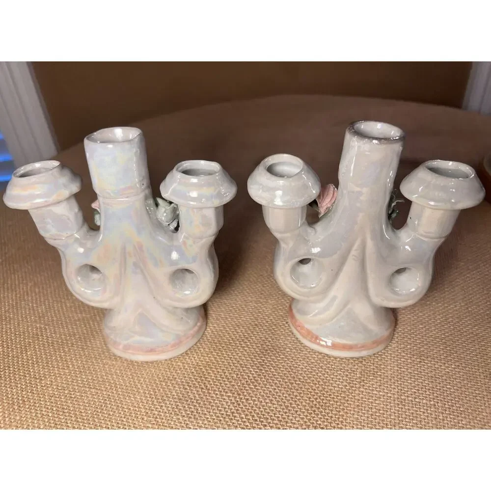 Lusterware Mid Century Opalescent Porcelain Rose Candelabra--Set of 2--Vintage